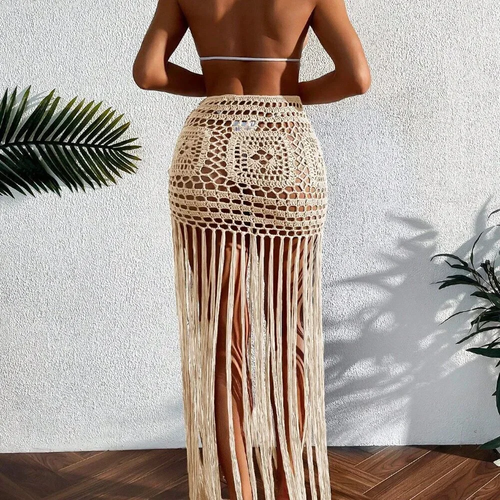 Apricot Boho Women's Beach Fringe Crochet Cover Up Skirt Music Festival